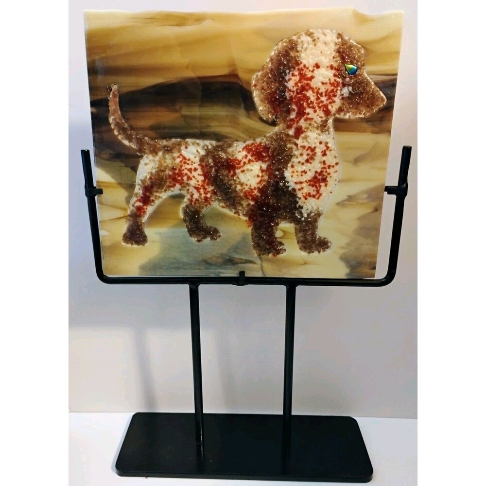 OOAK Fused Glass Dachshund Platter w Stand 10" Wiener Dog Art Riddle Oregon